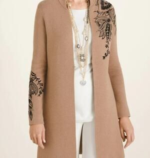 Chicos Long Cardigan Sweater Knit Embroidered Floral Tan Black Womens XL
